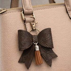 Brown Faux Leather Embossed Bow Bag Charm Key Chain